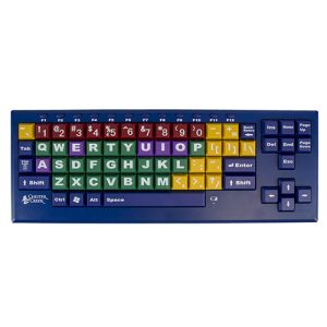 Teclado azul com teclas coloridas e ampliadas para pessoas com deficiência